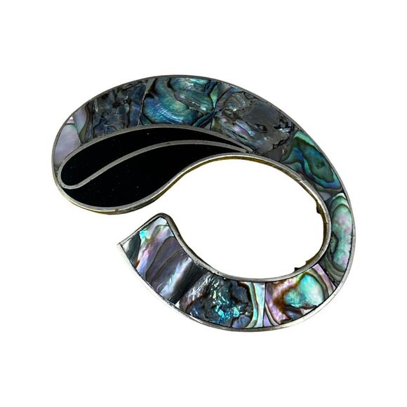 Alpaca Nickel Silver Abalone Shell Abstract Brooch, Vintage 1970s Mexican Pin - Picture 3 of 5